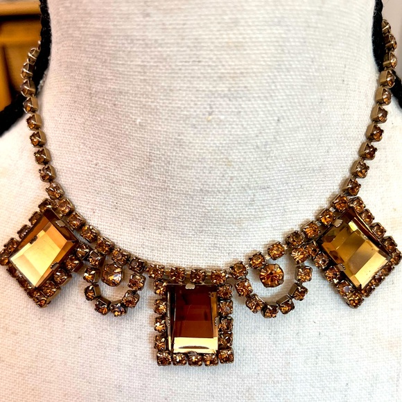 Vintage Necklace Bracelet Set Amber Glass & Rhinestone Rectangular - Picture 13 of 17